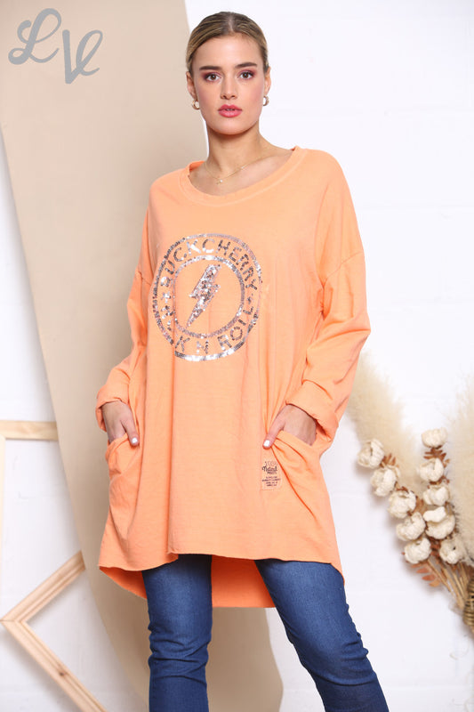 Ladies Sequin Rock N Roll Graphic Sweatshirt Top Coral