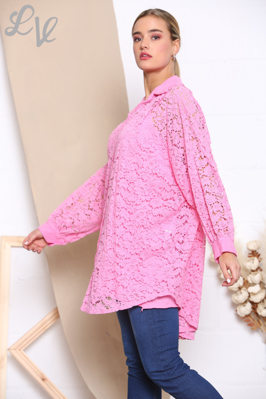 Dames Kanten Shirt Top Roze
