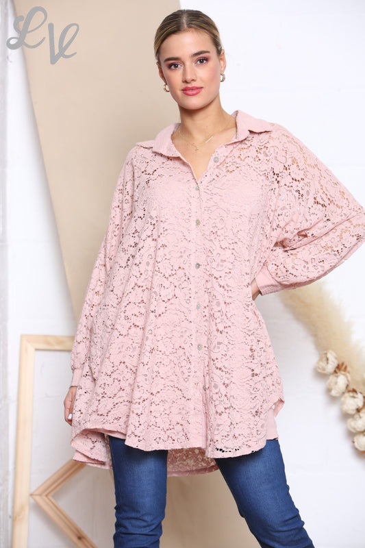 Ladies Lace Shirt Top Dusty Pink