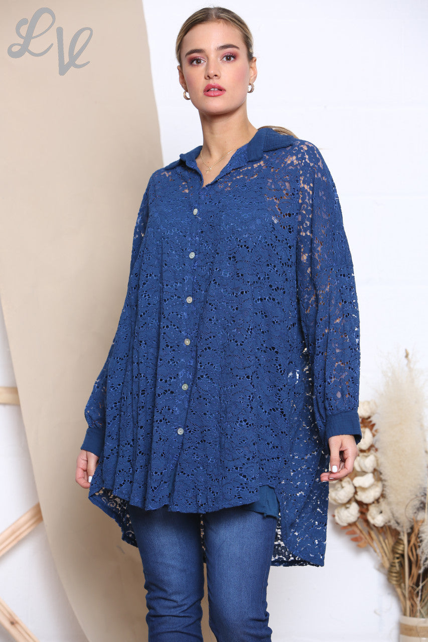 Dames Kanten Shirt Top Marine