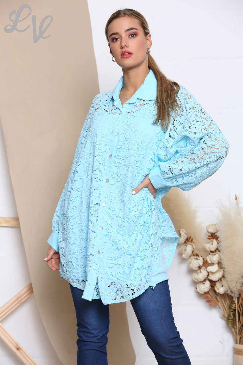 Dames Kanten Shirt Top Turkoois