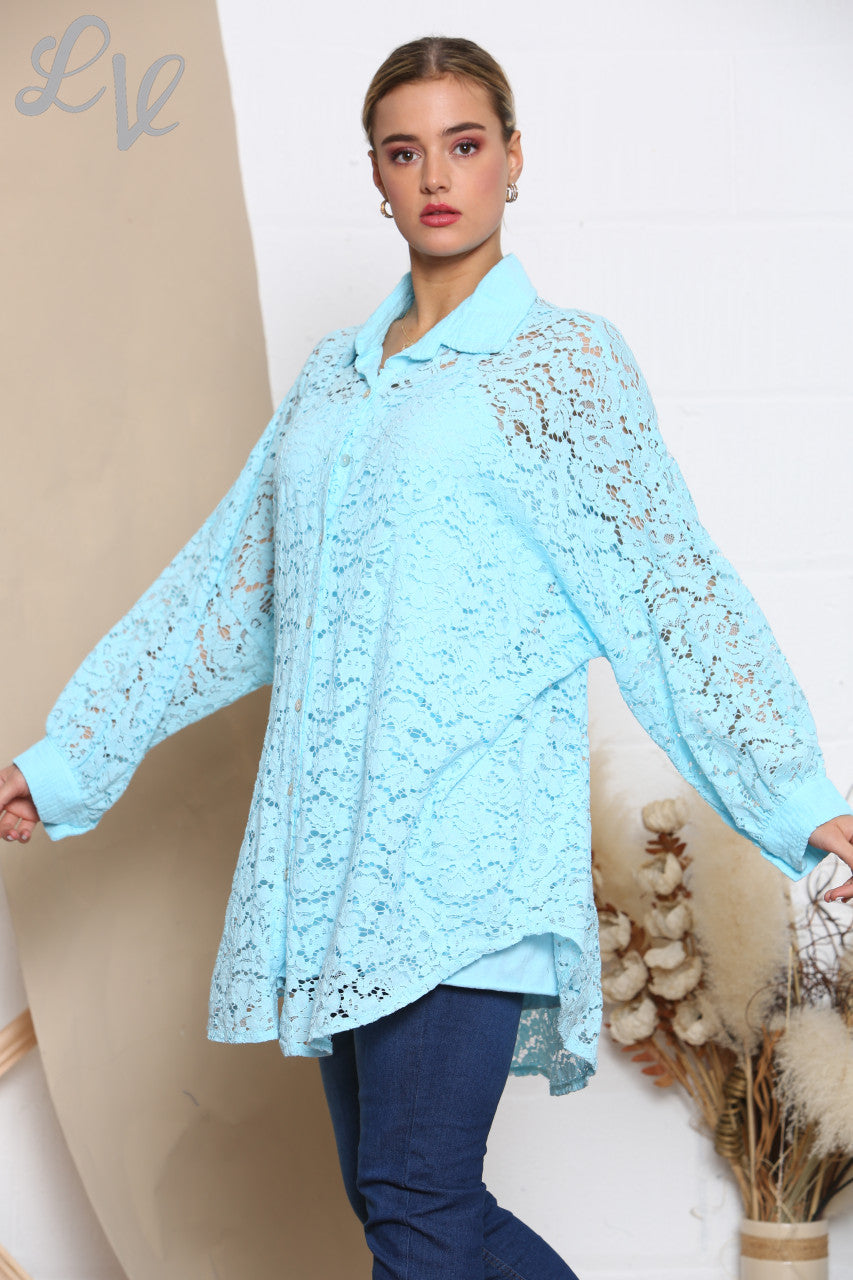 Dames Kanten Shirt Top Turkoois
