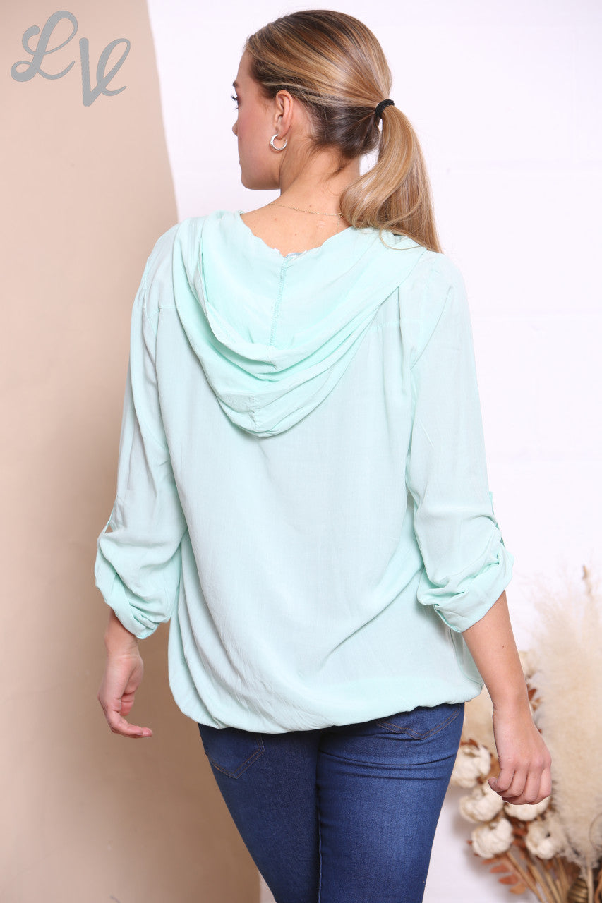 Ladies Button Front Sequin Pocket Hooded Jacket Top Mint