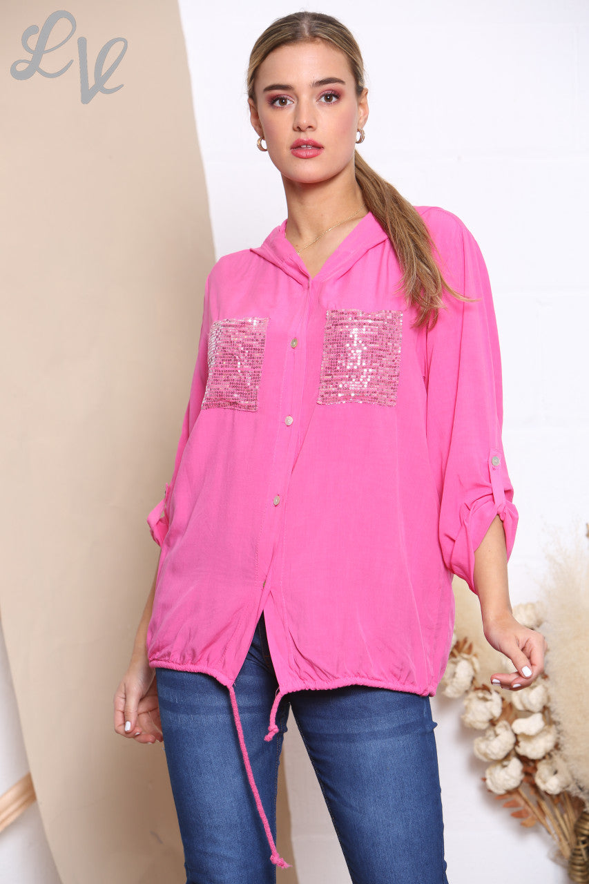 Ladies Button Front Sequin Pocket Hooded Jacket Top Cerise