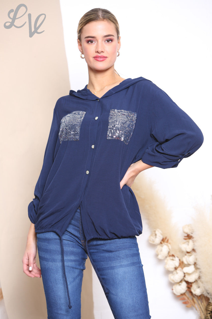Ladies Button Front Sequin Pocket Hooded Jacket Top Navy