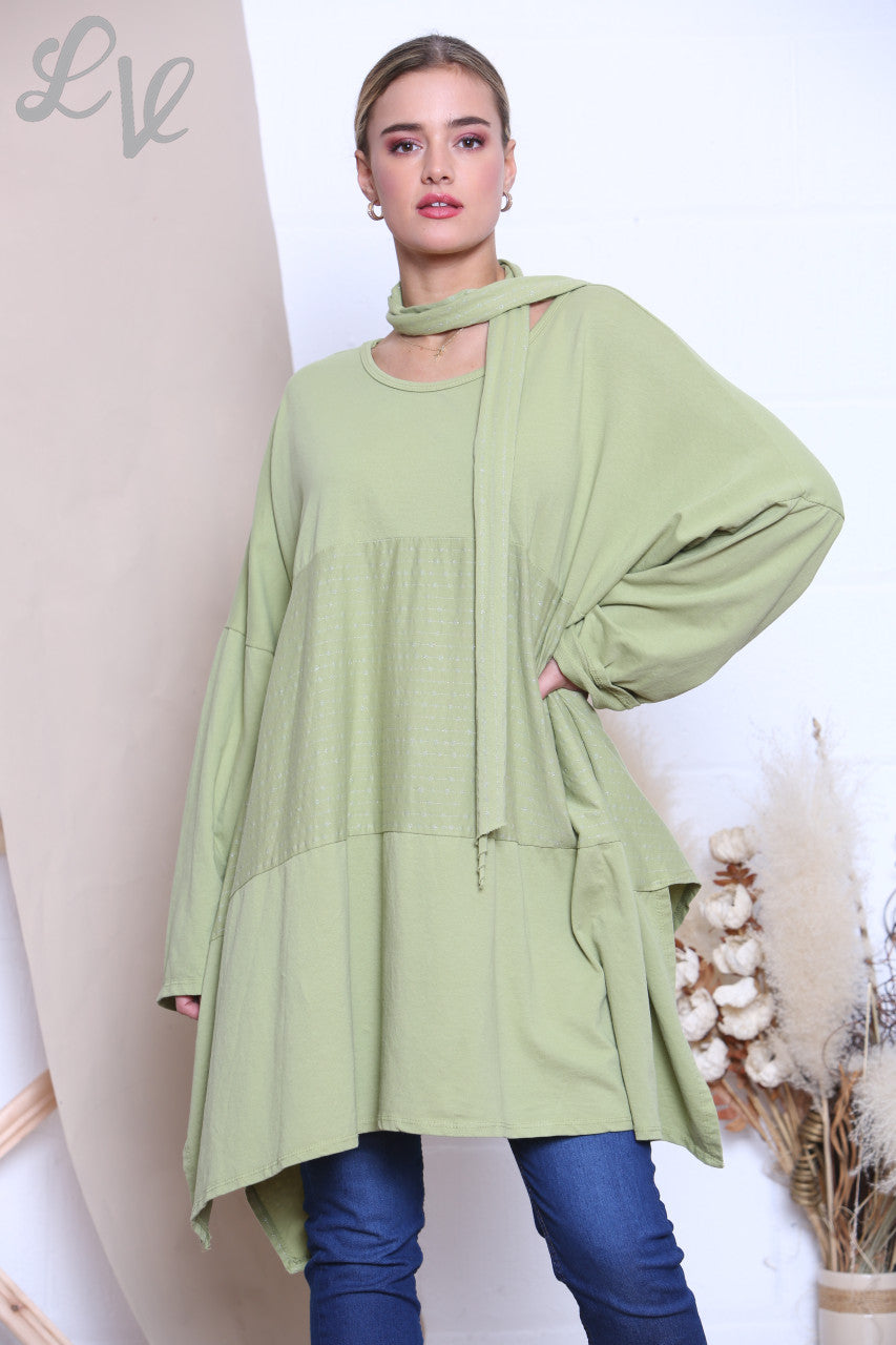 Ladies Glitter Stitch Detail Sweatshirt Top With Scarf Green