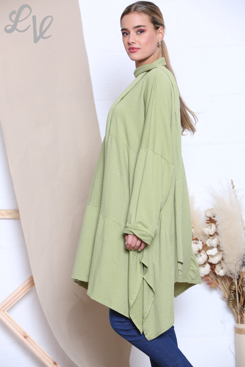 Ladies Glitter Stitch Detail Sweatshirt Top With Scarf Green