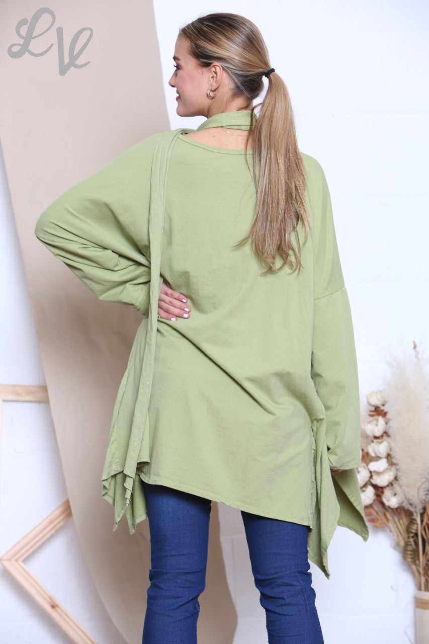 Ladies Glitter Stitch Detail Sweatshirt Top With Scarf Green