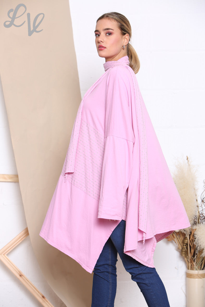 Ladies Glitter Stitch Detail Sweatshirt Top With Scarf  Pink