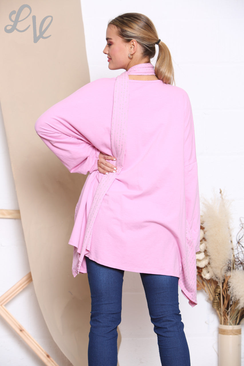 Ladies Glitter Stitch Detail Sweatshirt Top With Scarf  Pink