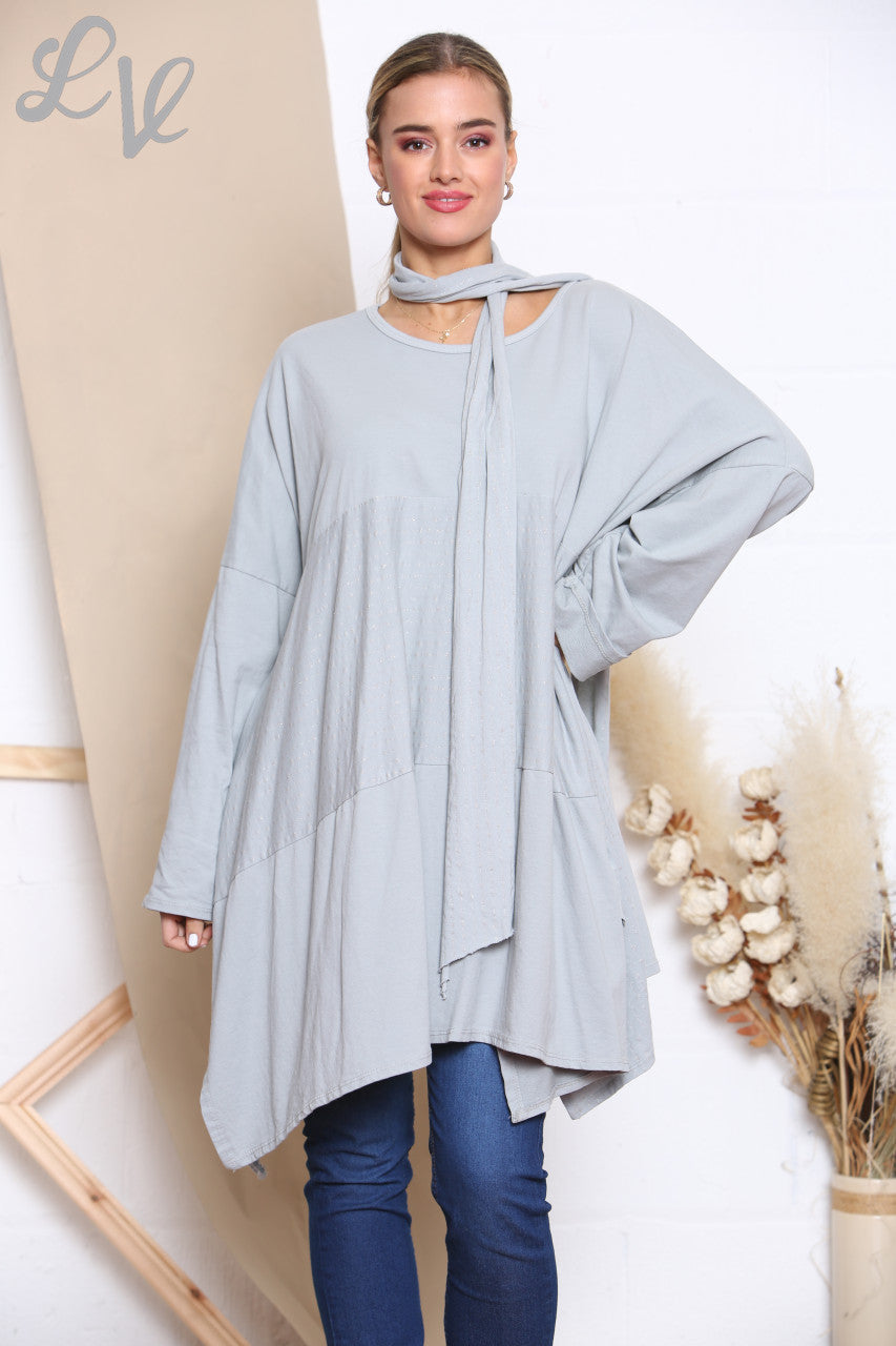Ladies Glitter Stitch Detail Sweatshirt Top With Scarf Silver