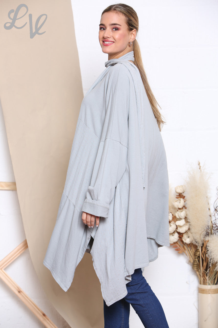 Ladies Glitter Stitch Detail Sweatshirt Top With Scarf Silver