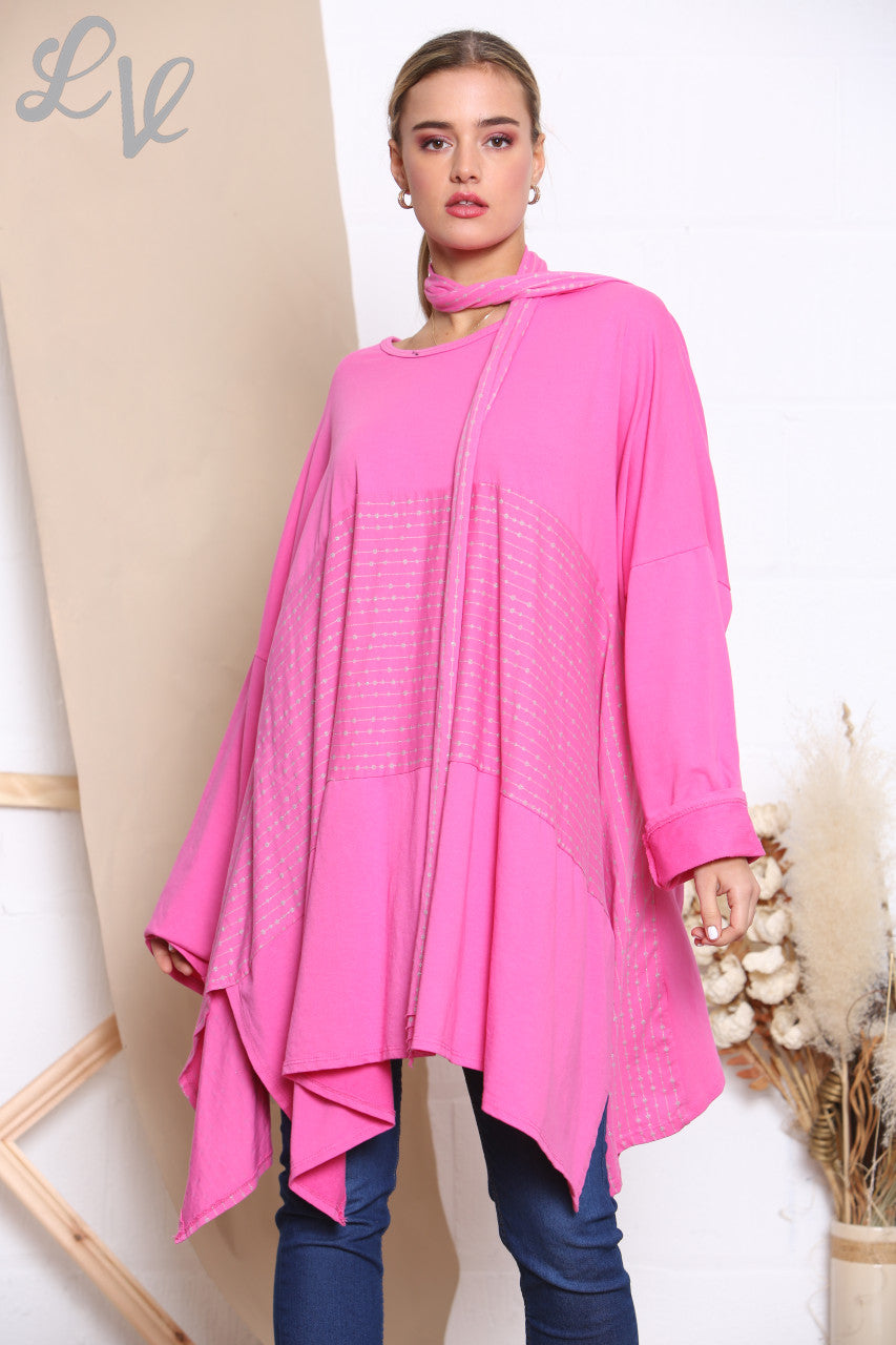 Ladies Glitter Stitch Detail Sweatshirt Top With Scarf Cerise