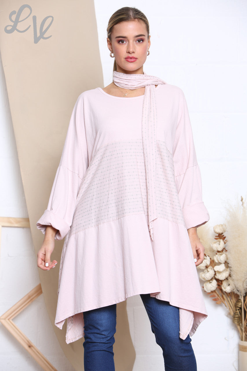 Ladies Glitter Stitch Detail Sweatshirt Top With Scarf Dusty Pink