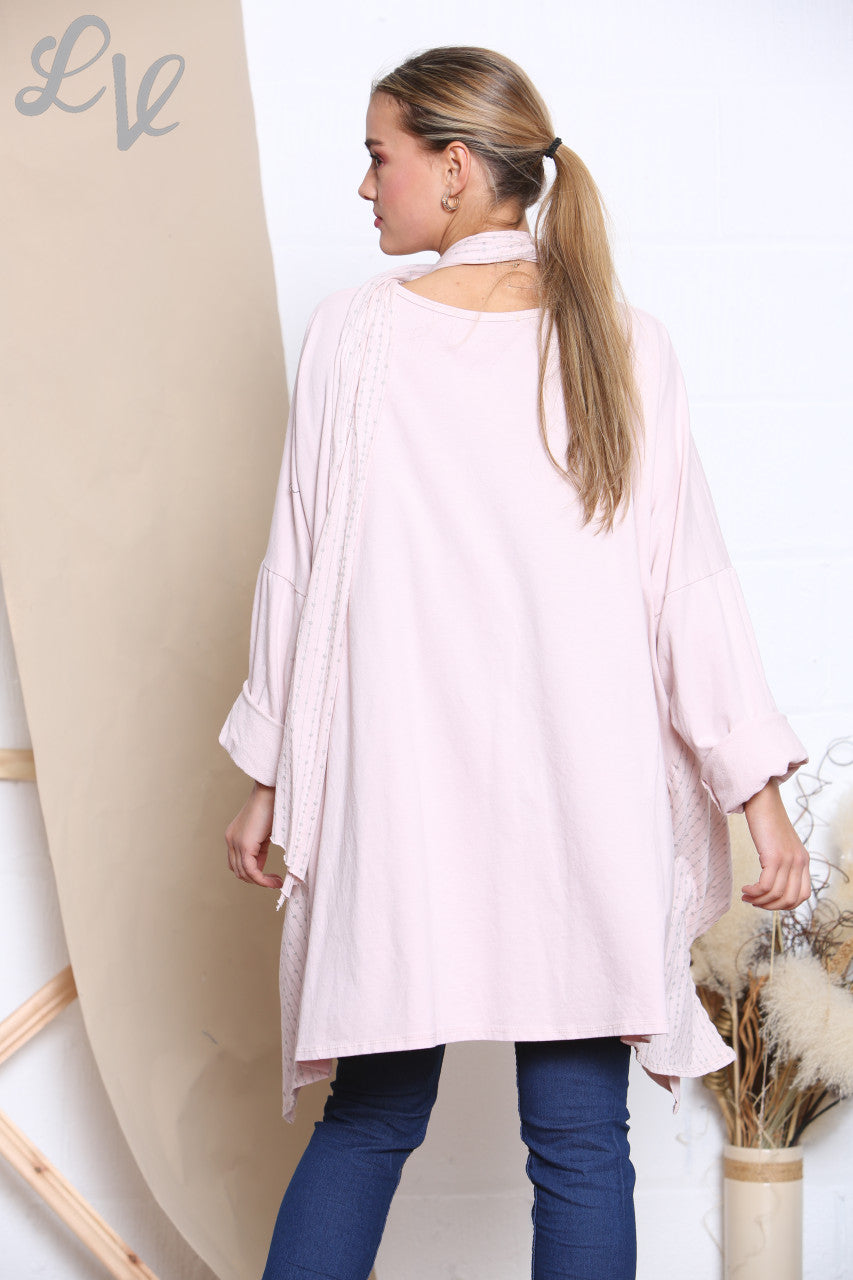 Ladies Glitter Stitch Detail Sweatshirt Top With Scarf Dusty Pink