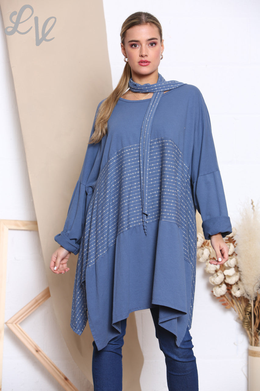 Dames Glitter Sweatshirt Top Met Stiksels En Sjaal Denim
