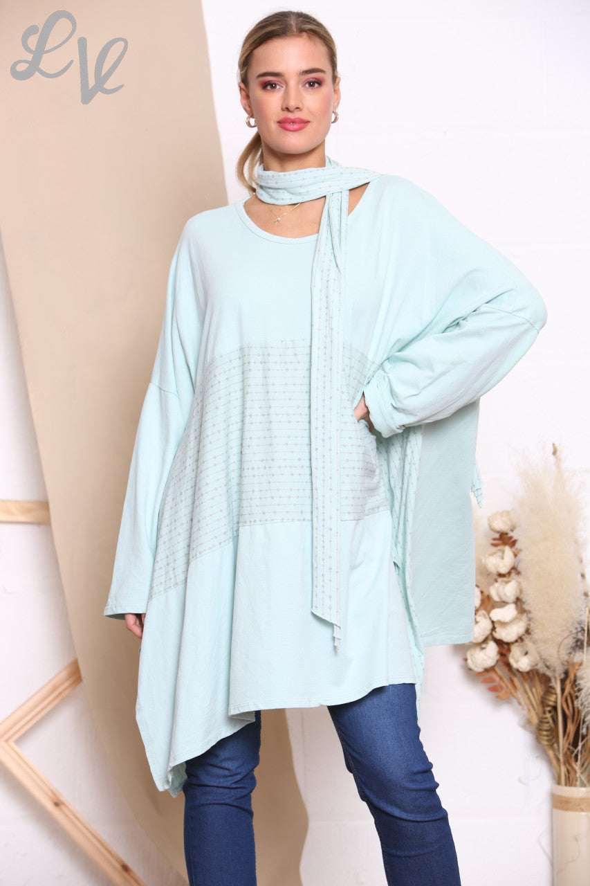 Ladies Glitter Stitch Detail Sweatshirt Top With Scarf Mint