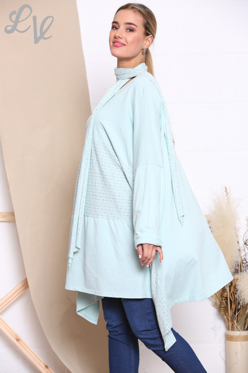 Ladies Glitter Stitch Detail Sweatshirt Top With Scarf Mint