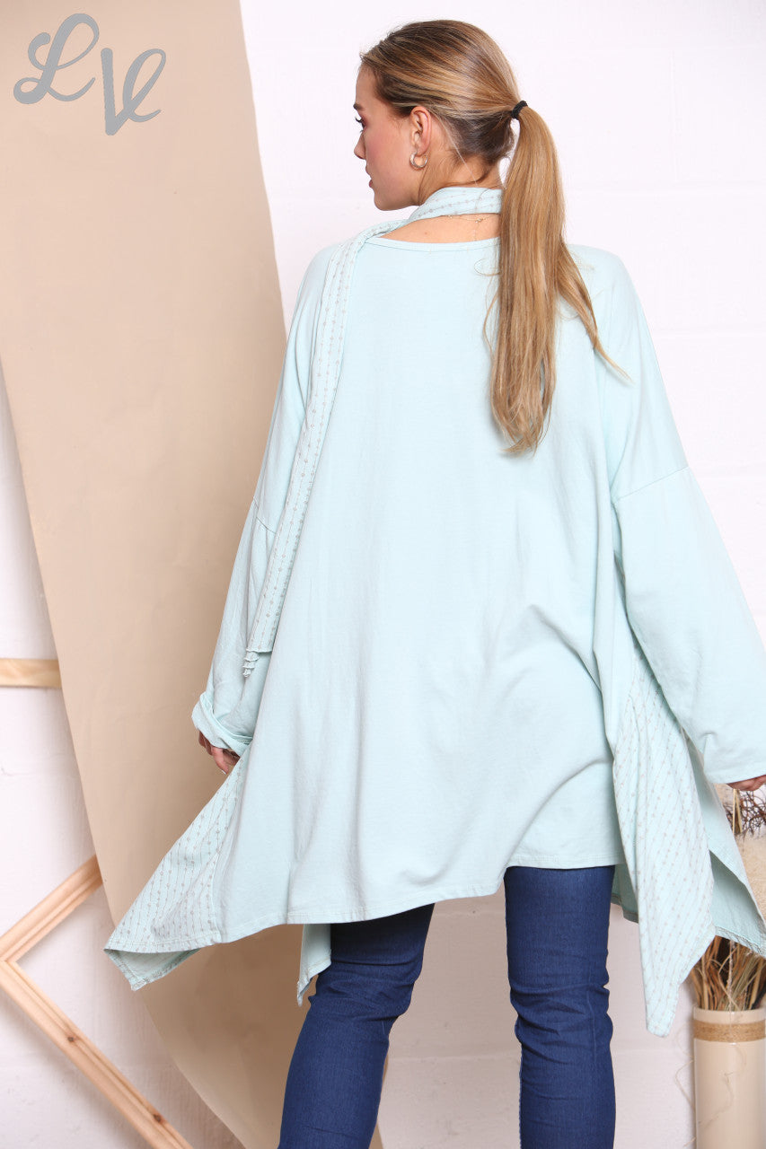 Ladies Glitter Stitch Detail Sweatshirt Top With Scarf Mint