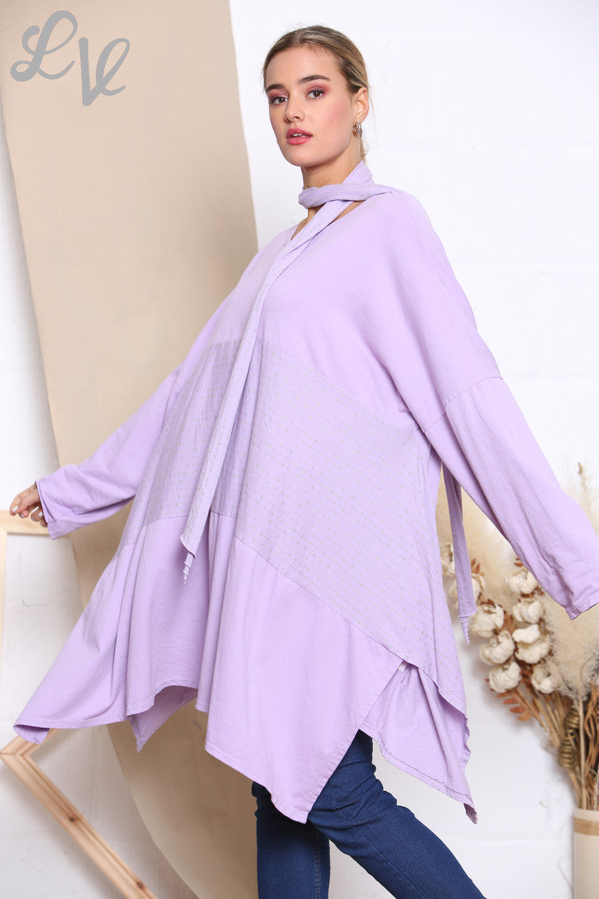 Ladies Glitter Stitch Detail Sweatshirt Top With Scarf Lilac