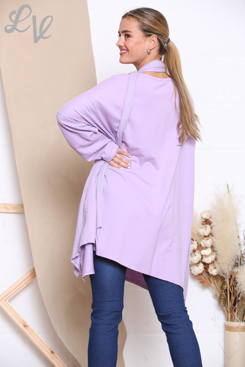 Ladies Glitter Stitch Detail Sweatshirt Top With Scarf Lilac