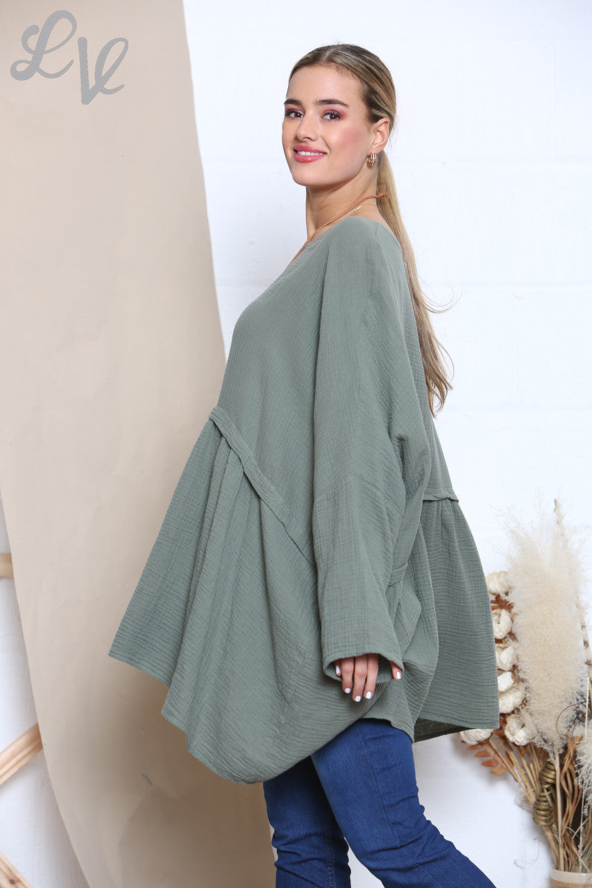 Dames Lagenlook Floaty Top Met Ketting Khaki