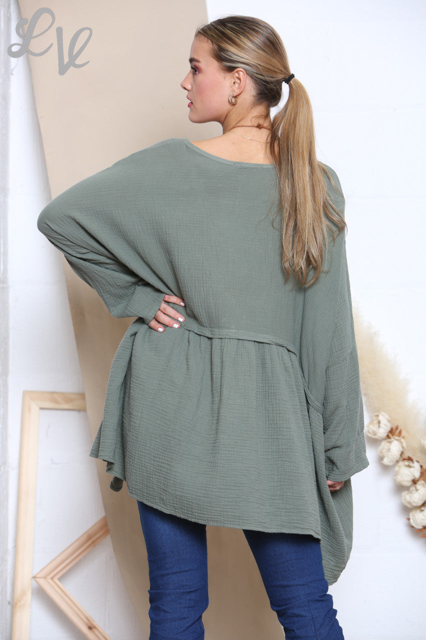 Dames Lagenlook Floaty Top Met Ketting Khaki
