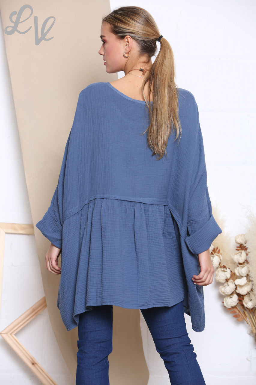 Ladies Lagenlook Floaty Top With Necklace Denim