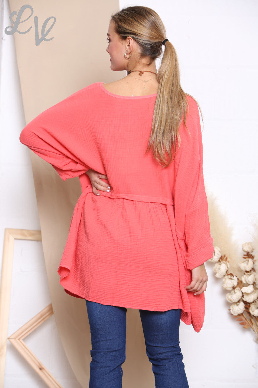 Dames Lagenlook Floaty Top Met Ketting Koraal