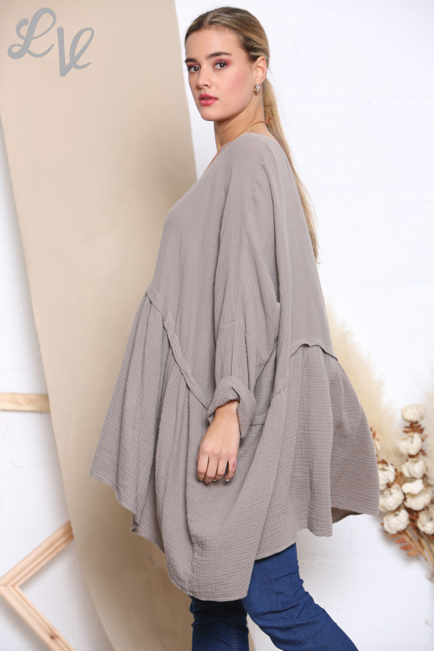Dames Lagenlook Floaty Top Met Ketting Taupe