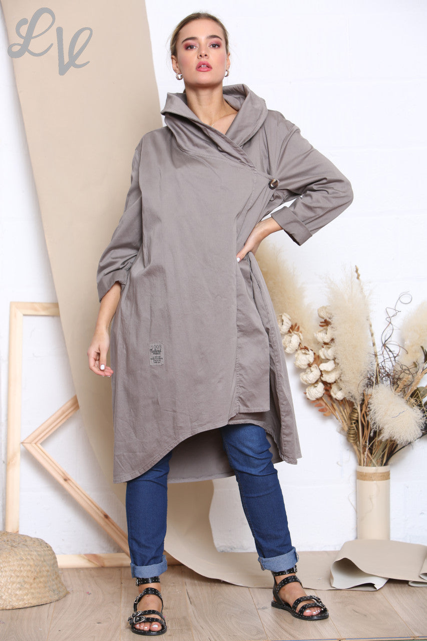 Ladies Wrap & Button Front Jacket Taupe