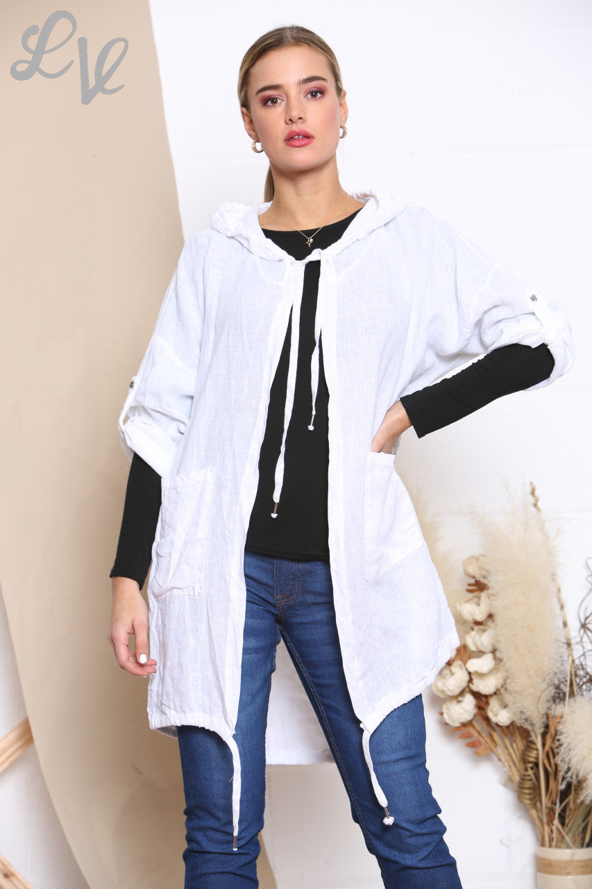 Dames vestjack met capuchon en foliedetail op de rug wit