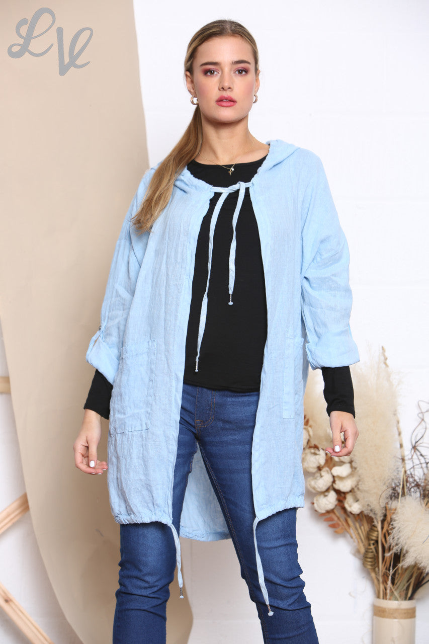 Ladies Foil Back Detail Hooded Cardigan Jacket Sky Blue
