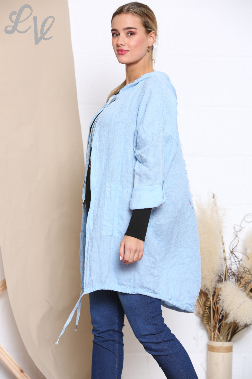 Ladies Foil Back Detail Hooded Cardigan Jacket Sky Blue