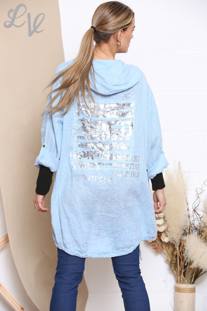 Ladies Foil Back Detail Hooded Cardigan Jacket Sky Blue