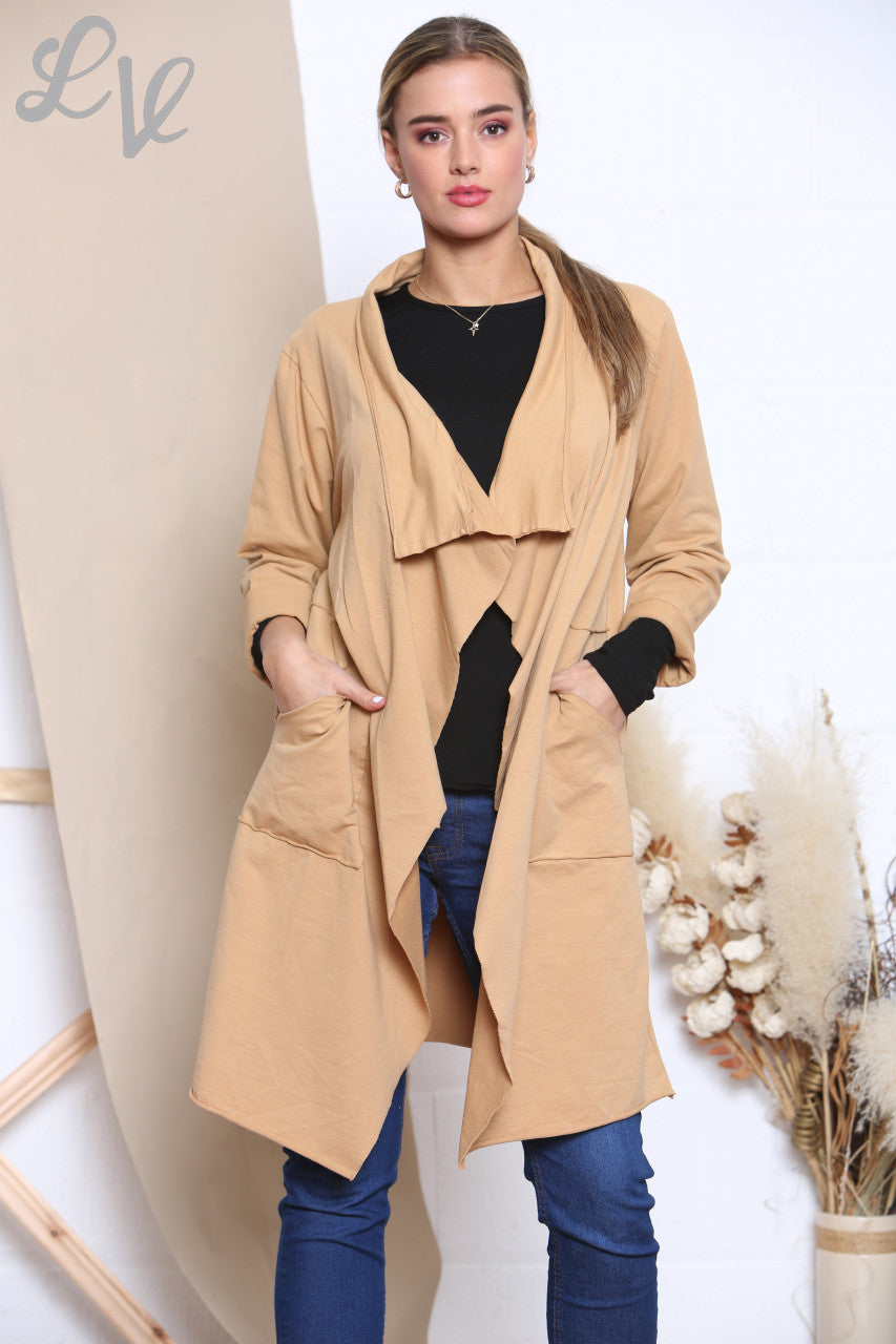 Ladies Waterfall Jacket Cardigan Tan