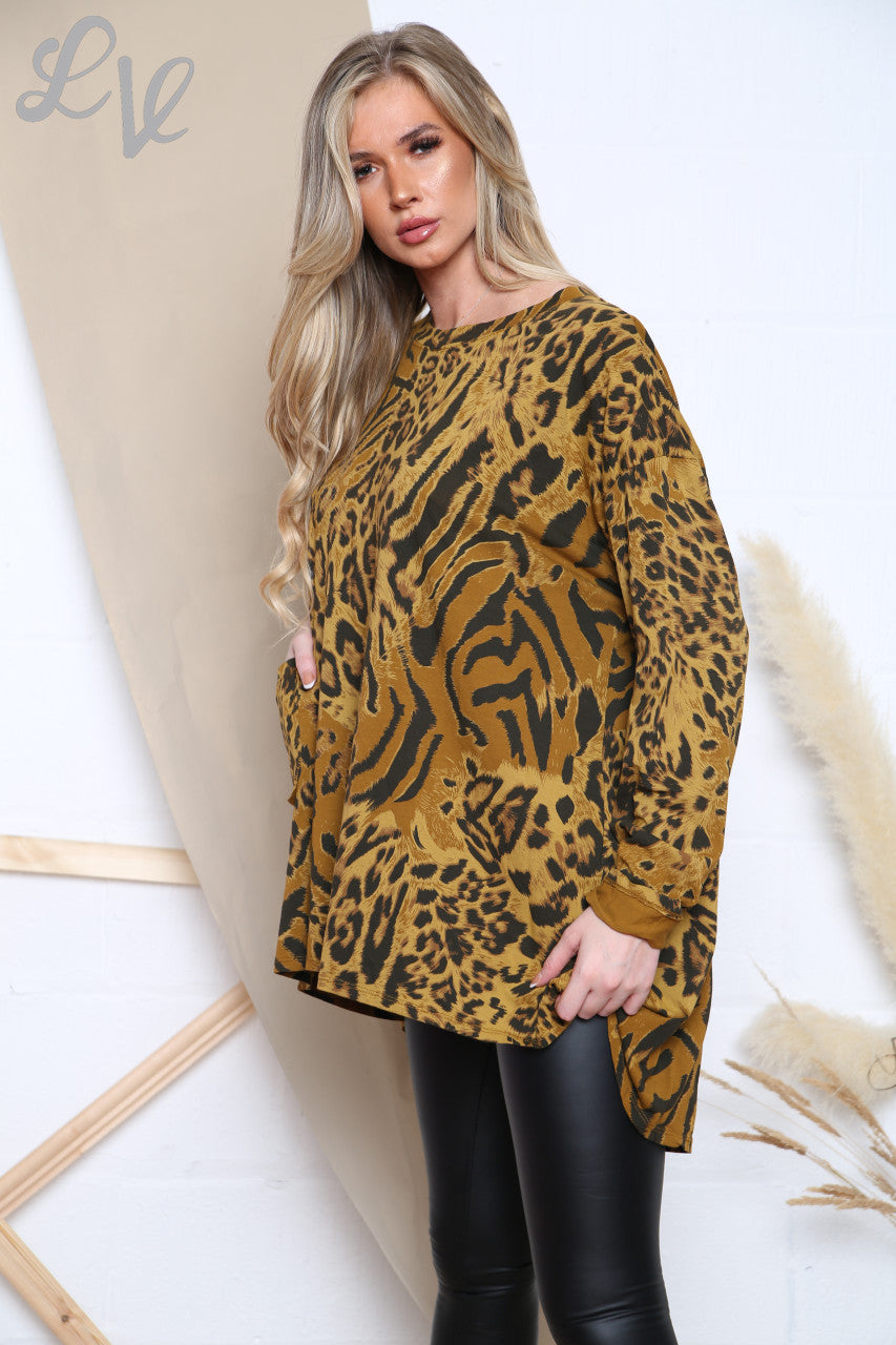 Dames Top met diverse dierenprint Mosterd Eenheidsprijs €6,99