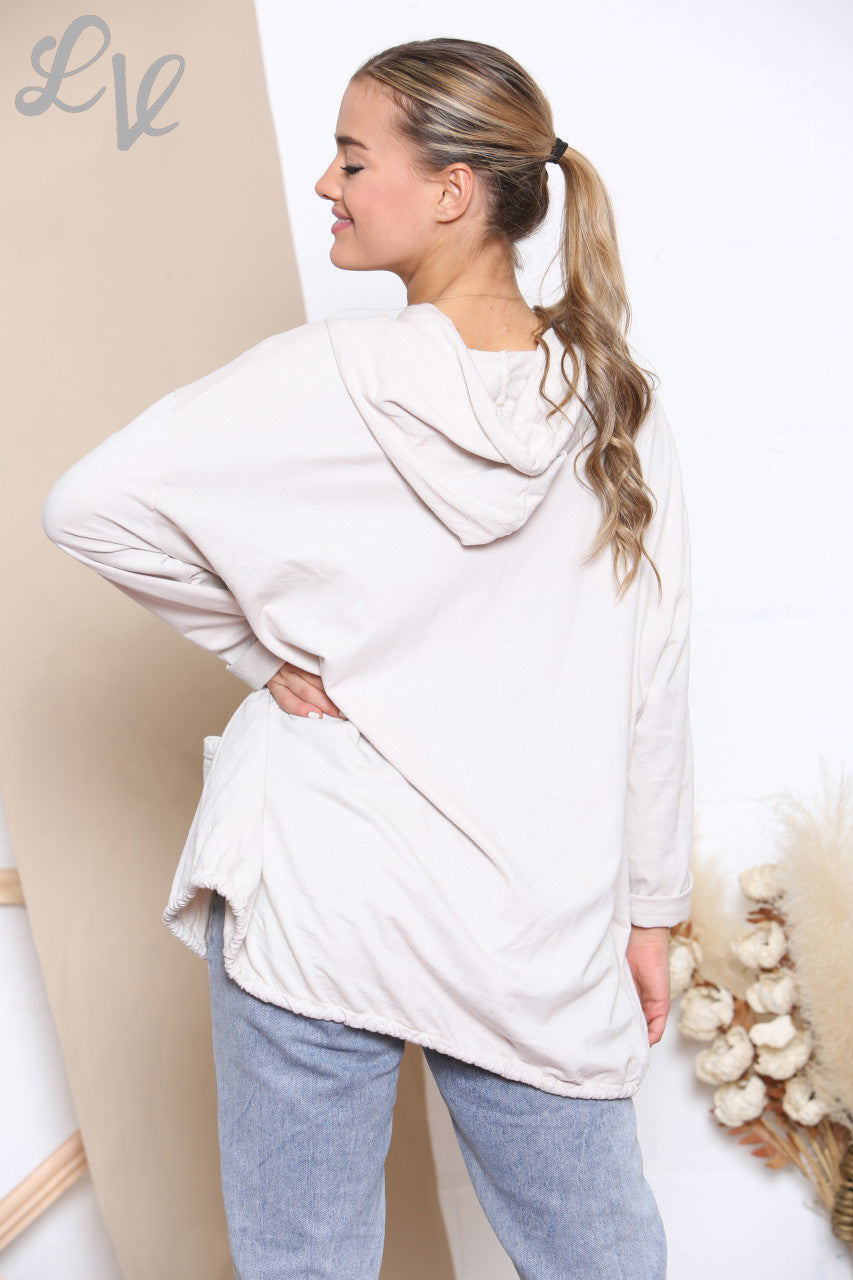 Ladies Hooded Button Front Jacket Top Stone