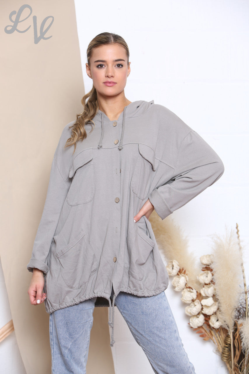 Ladies Hooded Button Front Jacket Top Taupe