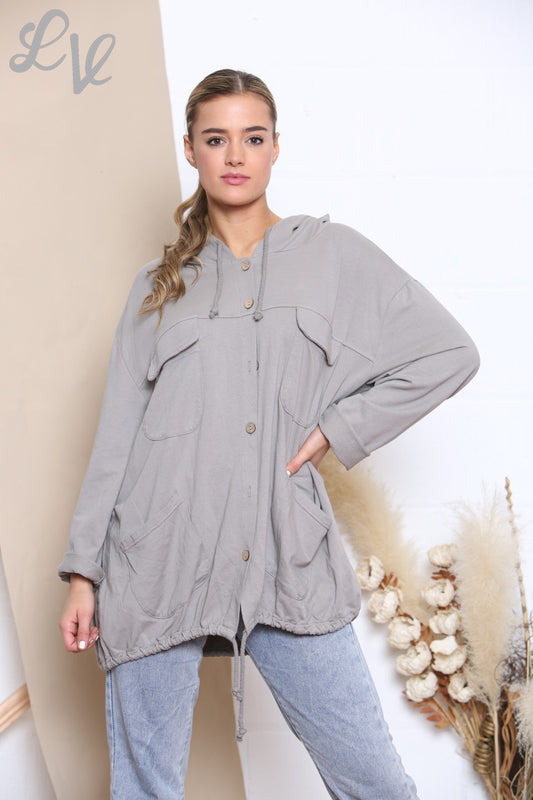 Damesjack met capuchon en knopen Taupe