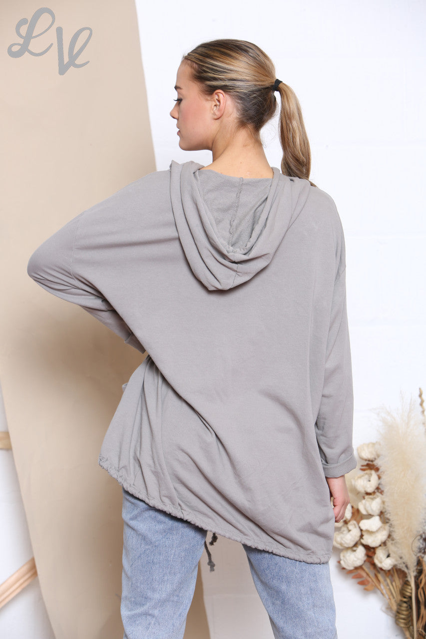 Ladies Hooded Button Front Jacket Top Taupe