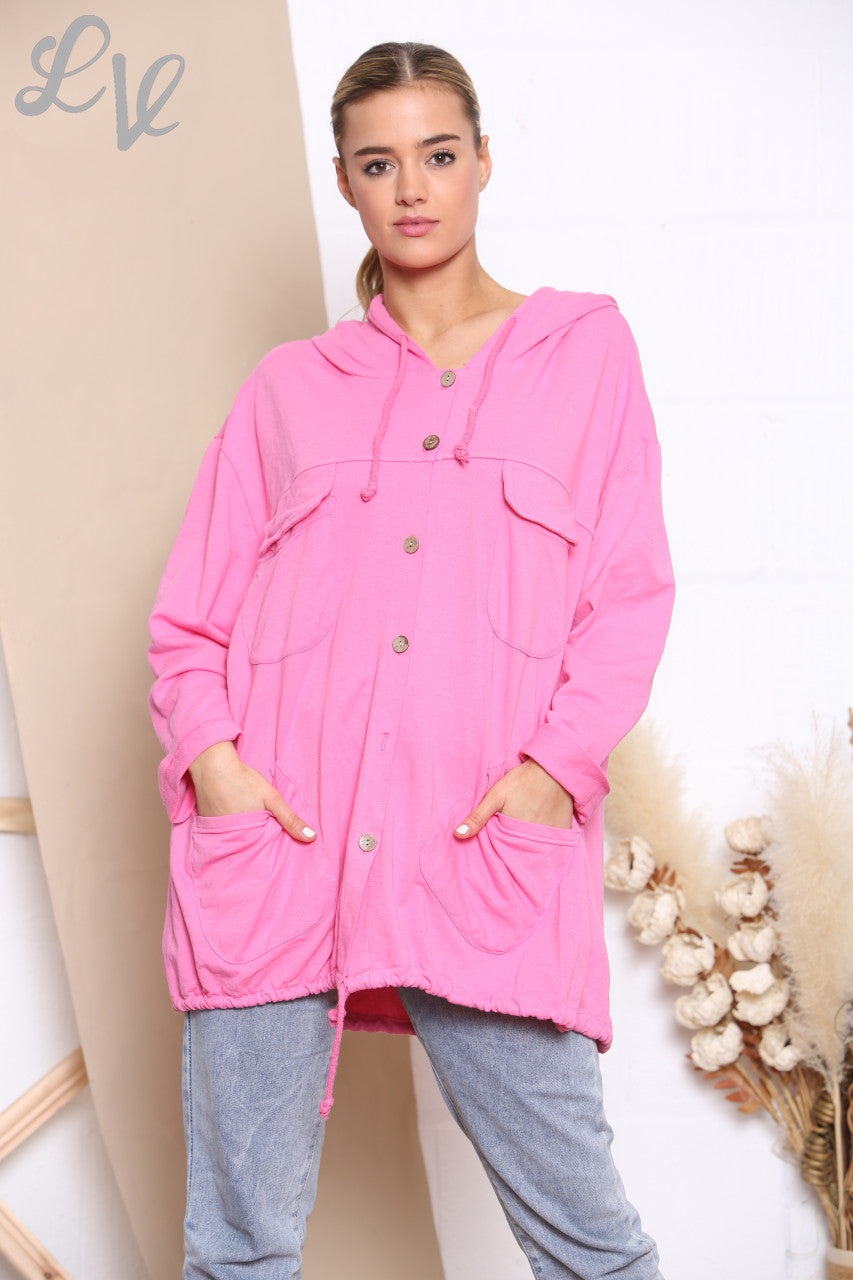 Damesjas met capuchon en knoopsluiting Cerise