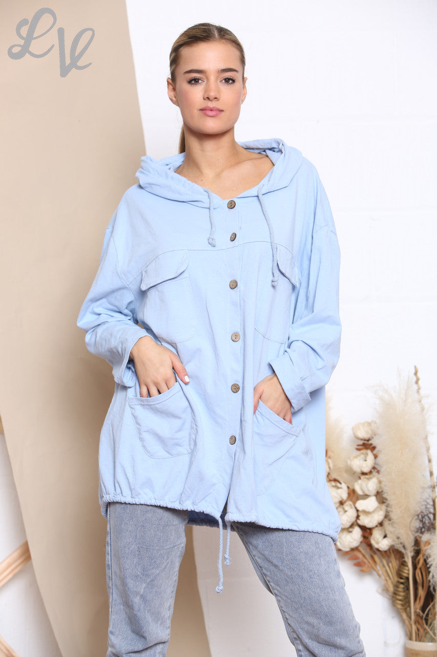 Ladies Hooded Button Front Jacket Top Sky Blue