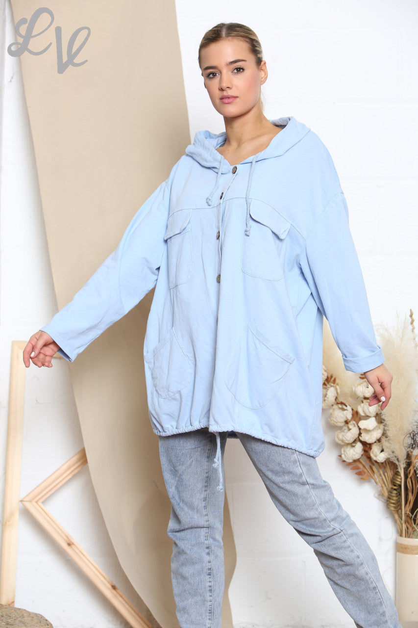 Ladies Hooded Button Front Jacket Top Sky Blue