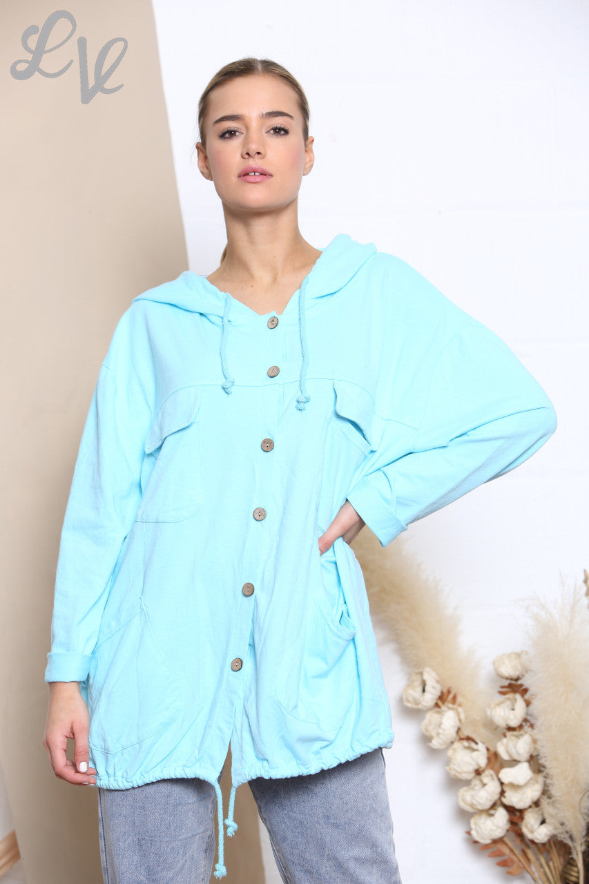 Ladies Hooded Button Front Jacket Top Turquoise
