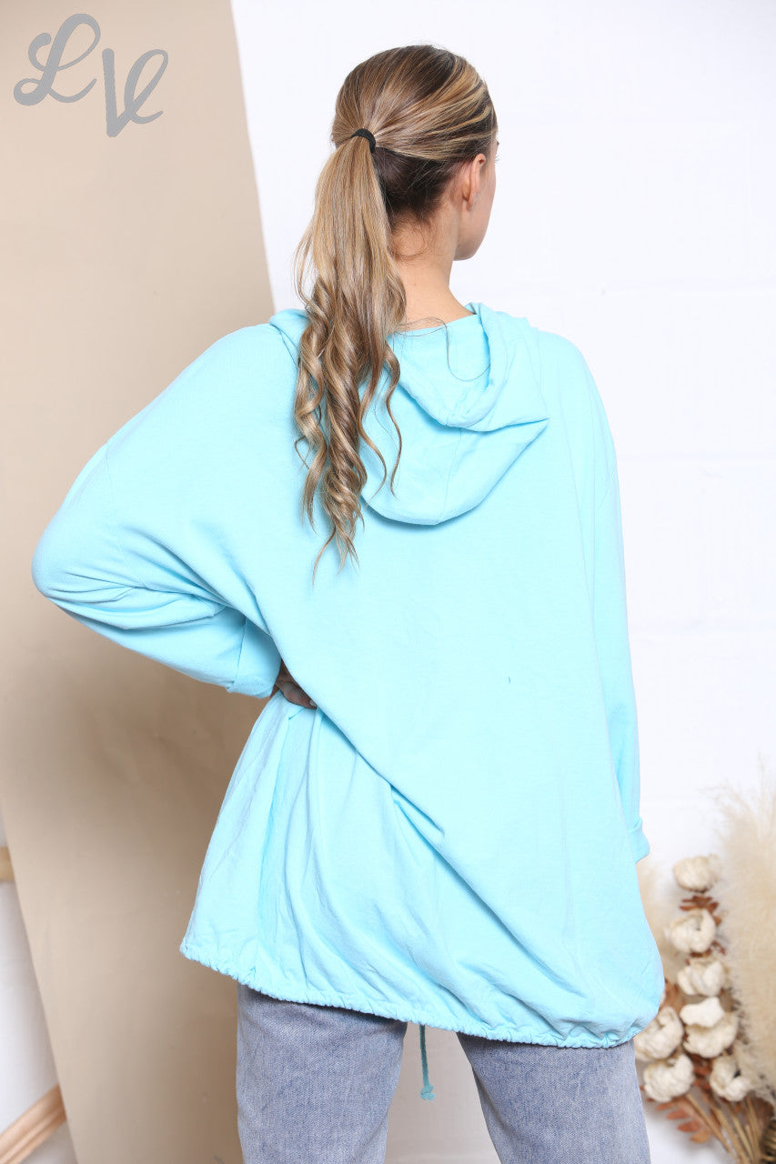 Ladies Hooded Button Front Jacket Top Turquoise