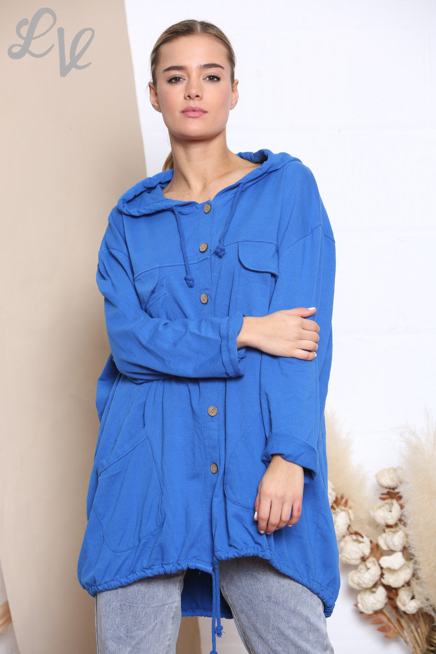 Ladies Hooded Button Front Jacket Top Royal Blue