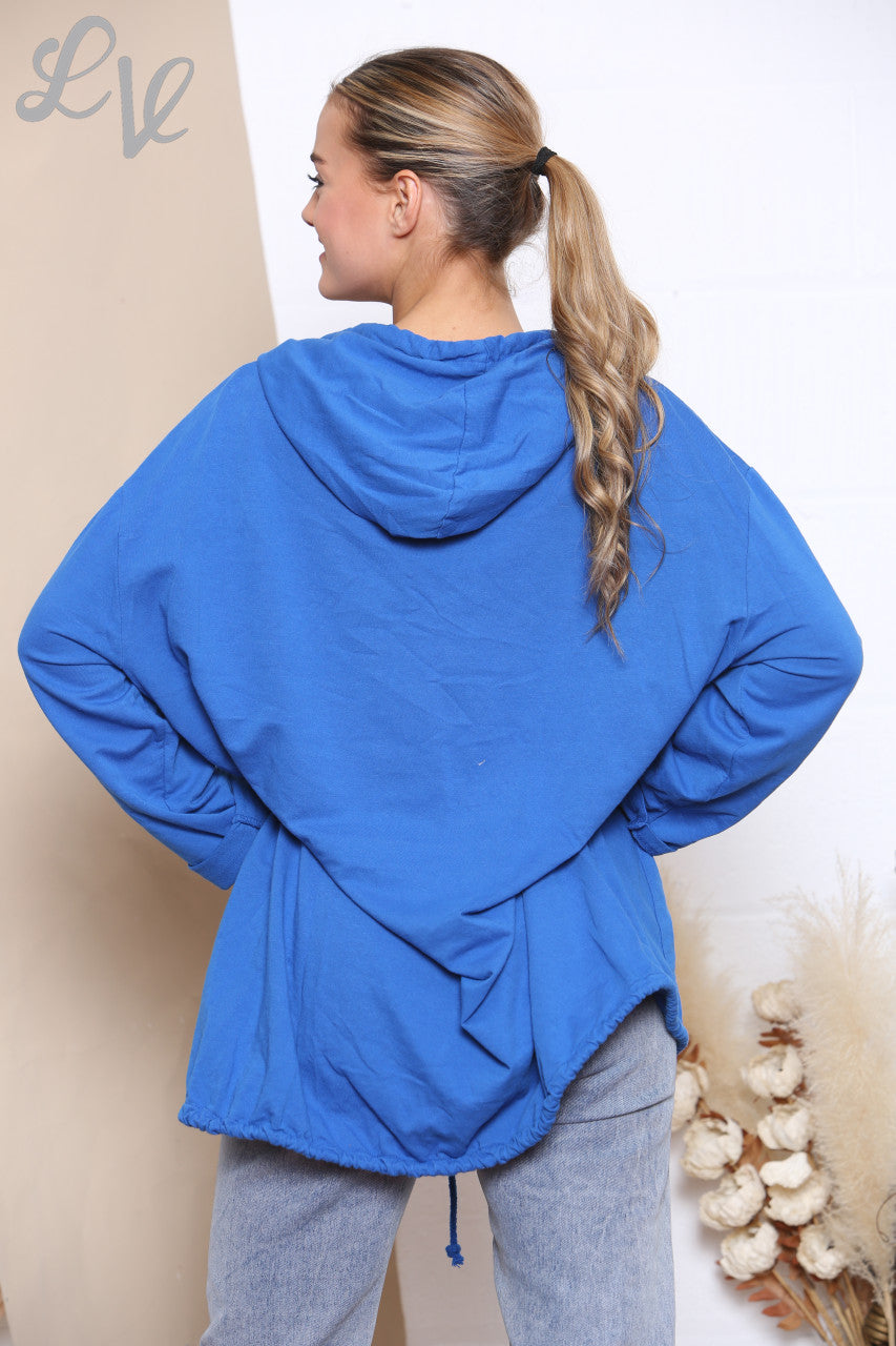 Ladies Hooded Button Front Jacket Top Royal Blue