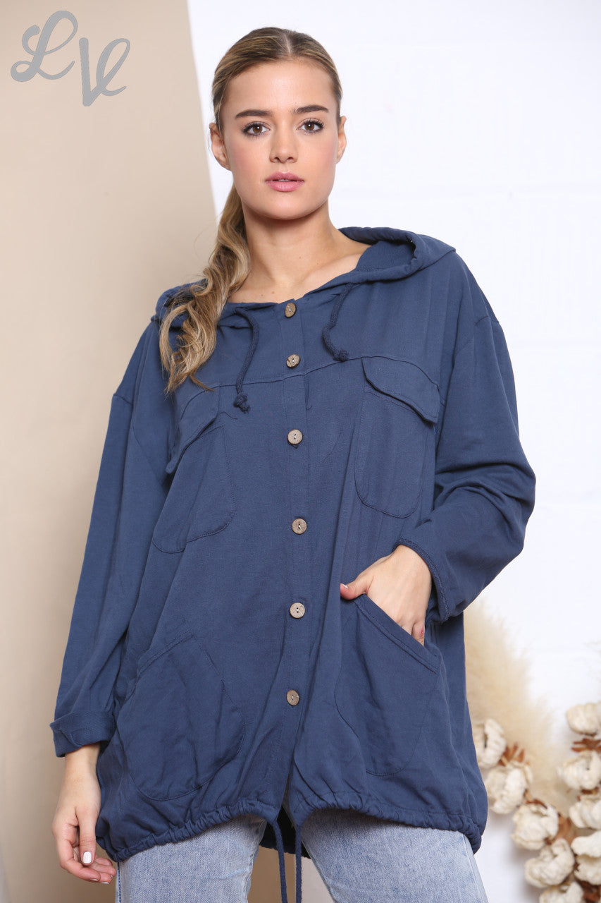 Ladies Hooded Button Front Jacket Top Navy