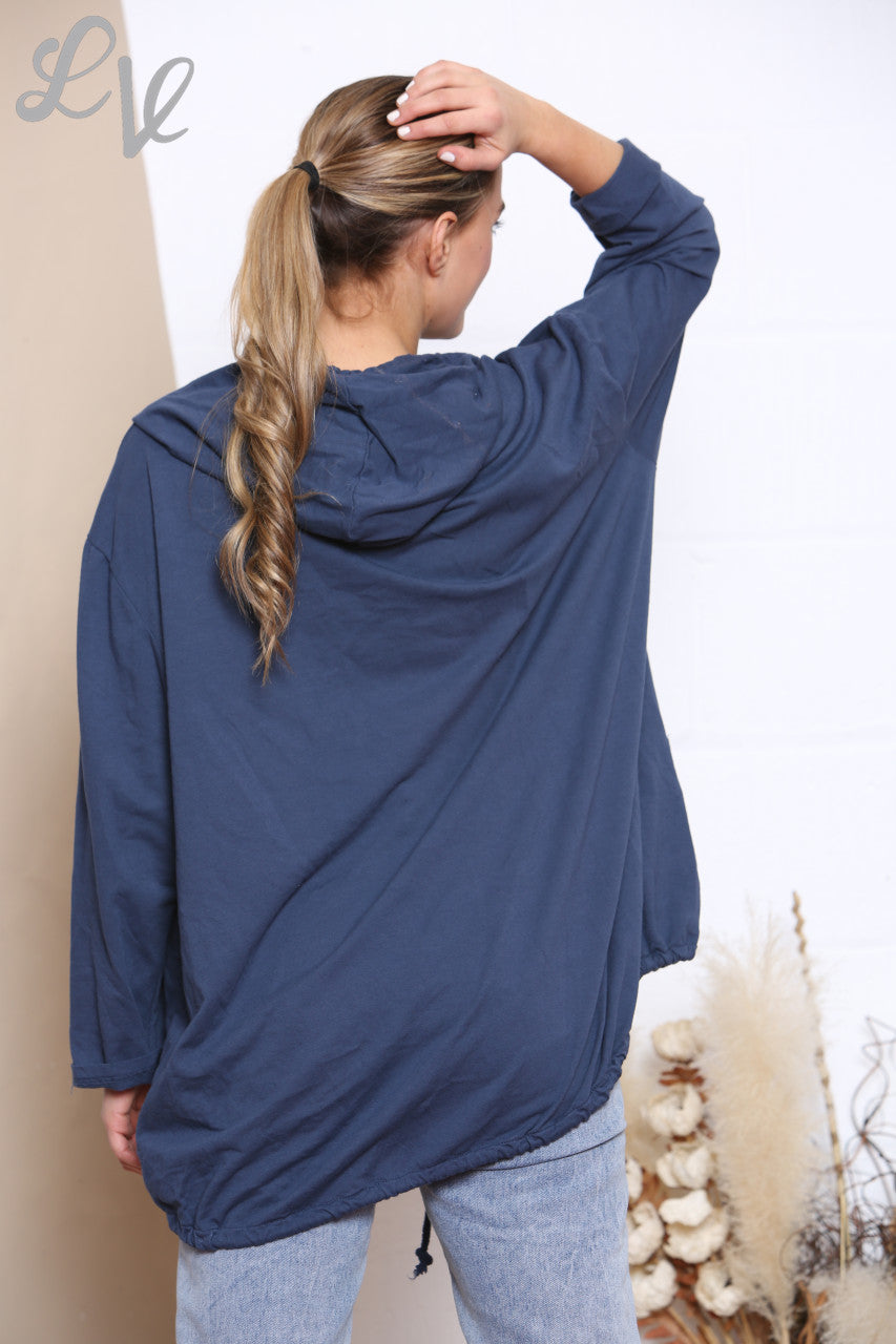 Ladies Hooded Button Front Jacket Top Navy